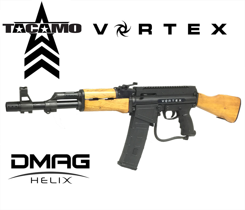 The Tacamo Vortex AK47 Mag Fed Paintball Marker is built with real wood han...